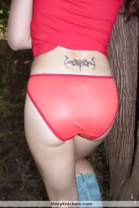 Adorable Evelynn Strips In The Park In Her Shiny Red Panties