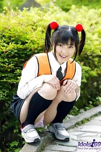 Asian Minx In Pigtails And Outfit Displays Her Hairy Cunt And Her Lovely Toys