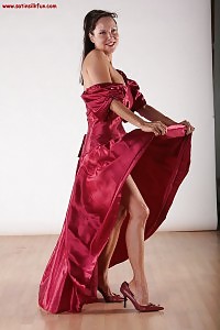 Cute Leg Brunette In Sexy Red Long Dress Flashed Her Ass