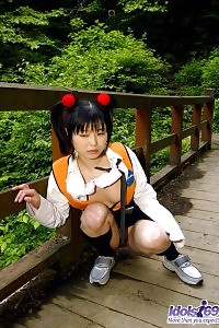 Asian Minx In Pigtails And Outfit Displays Her Hairy Cunt And Her Lovely Toys