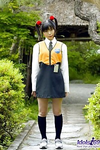 Asian Minx In Pigtails And Outfit Displays Her Hairy Cunt And Her Lovely Toys